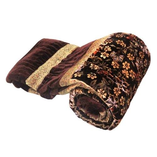 Jaipuri Floral Print Brown Double Bed Velvet Quilt