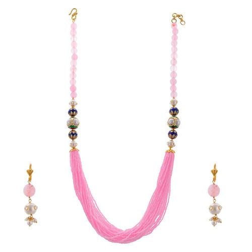 Jaipuri Graceful Pink Beaded Earrings Necklace Set