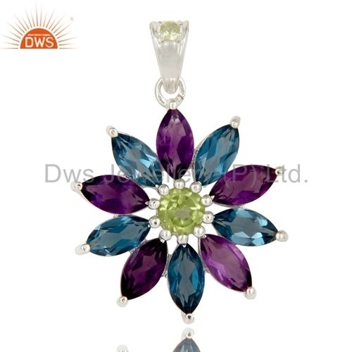 Natural Peridot And London Blue Topaz Gemstone 925 Silver Pendant