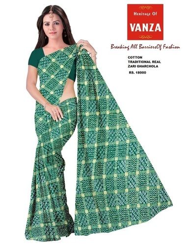 Bandhani Cotton Gharchola Traditional Greeen Real Zari Saree