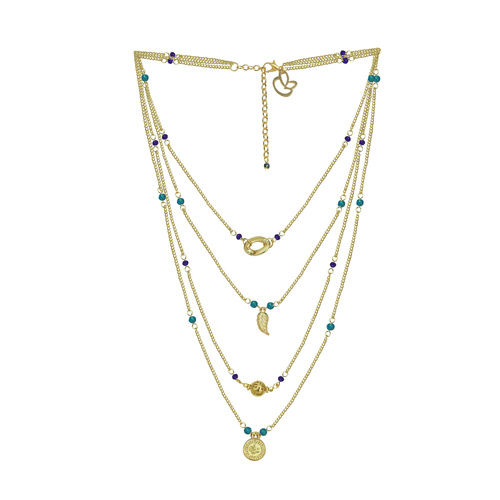 Charming Gold Metal Blue Glass Bead Multi-Strand Necklace