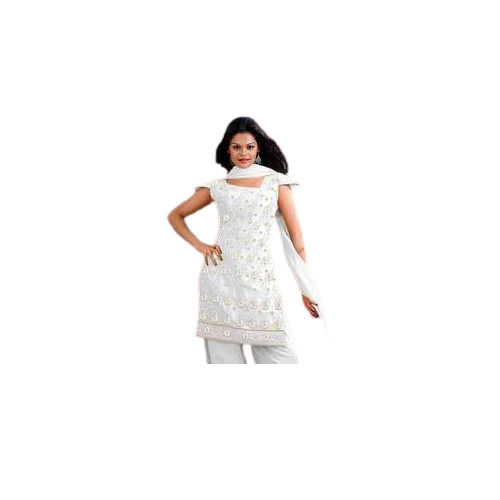 Ladies Short Sleeves White Embroidered Salwar Kameez