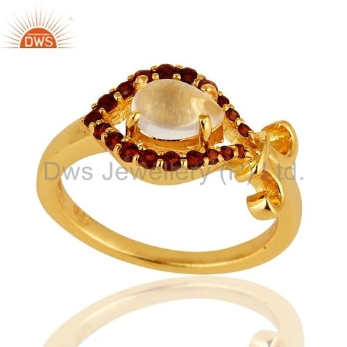 Gold Plated 925 Silver Garnet And Rose Quartz Gemstone Ring