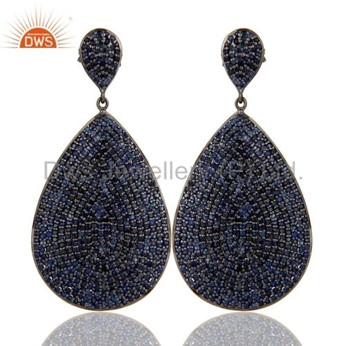 Natural Blue Sapphire Gemstone Rhodium Plated Sterling Silver Party Wear Earrings