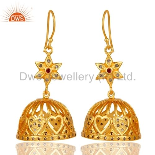 Traditional Gold Plated Silver Pave Diamond And Ruby Gemstone Jhumka Earrings