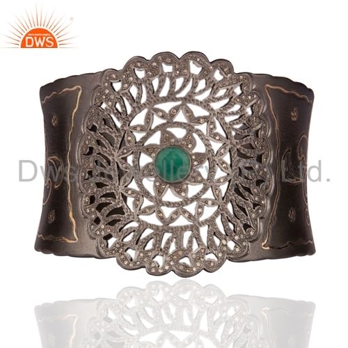 Diamond Studded Emerald Sterling Silver Cuff Bangle