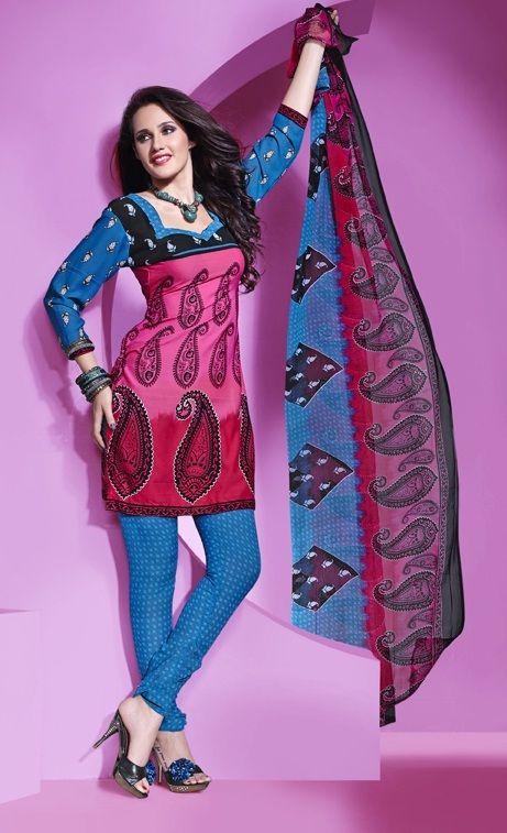  प्रिंटेड डिज़ाइन के साथ नीले और गुलाबी रंग के ड्रेस फ़ैब्रिक 