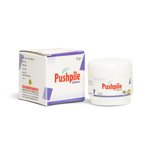 Pushpile Ointments 20G For Piles Treatment Ingredients: Lajjabati: 3% Bhangra: 3% Dhatura Beej: 2% Neem: 5% Chirchra: 2% Haridra: 3% Tankana: 5% Shudh Gandhak: 5% Tamra: 5% Base: Q.S.