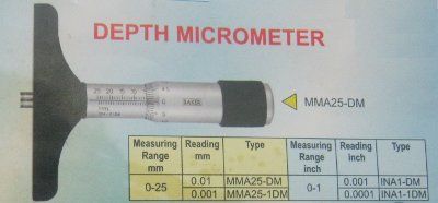 Depth Micrometer - Chrome Finished Thimble with Clear Graduation, Adjustable Interchangeable Run Through Rods and Positive Locking Clamp