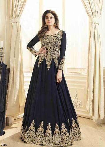 Beautiful Navy Blue Color Real Georgette Embroidered Wedding Wear Anarkali Suit