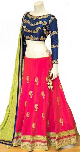 Navratri Special Hot Pink And Navy Blue Color Banarasi Silk Fabric Embroidered Lehenga