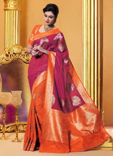 Meghdoot Pink and Orange Colour Kanchipuram Spun Silk Woven Saree