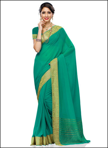 Meghdoot Turqouise Green Colour Faux Chiffon Woven Saree