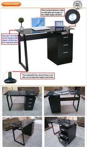 Black Glass Computer Desk with File Cabinet RX-D1034B