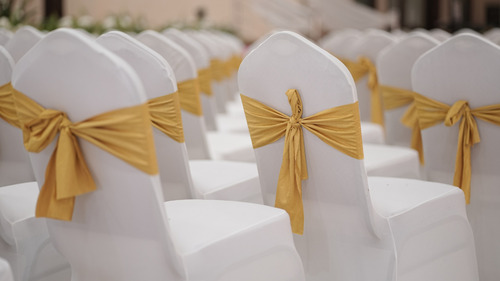 Banquet Chair Covers - Polyester or Cotton-Blend, Fits Standard Banquet Chairs, Available in White, Cream, Maroon, Gold, Knife Pleat & Box Pleat Finish, Washable, Iron-Friendly, Easy to Maintain