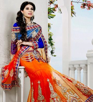 Dark Orange Net Saree with Blouse