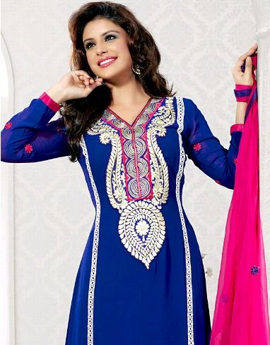 Royal Blue Faux Georgette Churidar Kameez With Dupatta