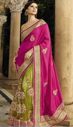 White Half And Half Magenta With Parrot Saree