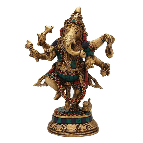 Brass Turquoise Coral Work Dancing Lord Ganesha Statue - Color: Multicolur