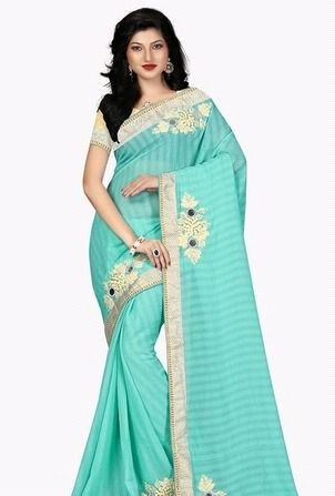 Captivating Turquoise Embroidered Work Traditional Saree