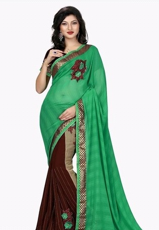 एथनिक जॉर्जेट ब्राउन एंड ग्रीन पैच ट्रेडिशनल साड़ी
