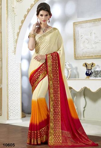 Off White & Red Crepe Silk Saree