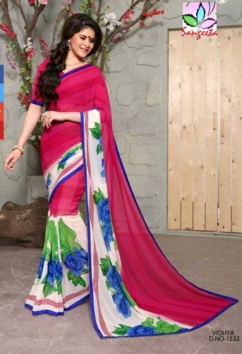 Pink Cream Color Georgette Casual Printed Saree