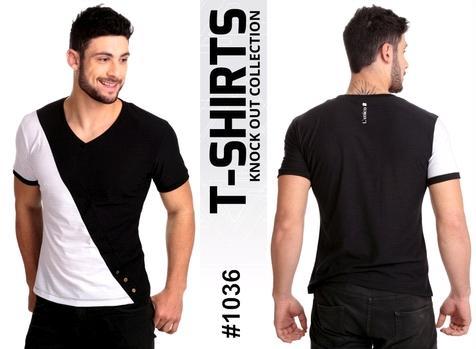 T-Shirt - Flam Fabric Blend | 50% Cotton, 50% Polyester, V-Neck, Short Sleeves, Decorative Coconut Shell Buttons, Available in Black and White or Blue and White, Sizes S - XL