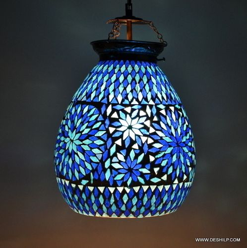 Blue Mosaic Handcrafted Shaped Glass Hanging Light
