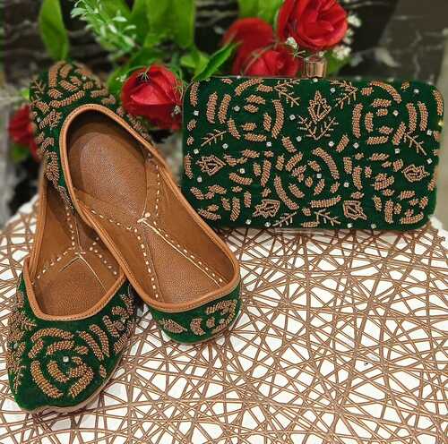 Bottle Green Color Designer Jutti With Matching Clutches Heel Size: Flat