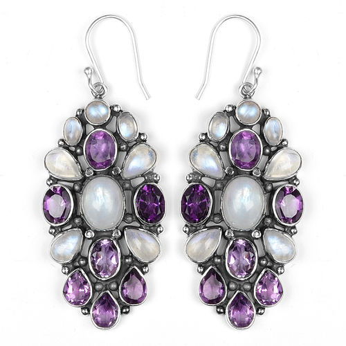 Designer Amethyst And Rainbow Moonstone Silver Earrings Weight: 21.800 Grams (G)