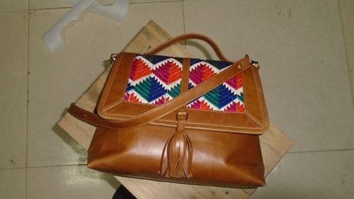 Ladies Leather Fabric Combo Bag