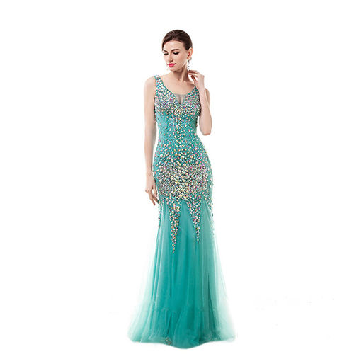 Blue Beaded V-neckline Women's Evening Dress