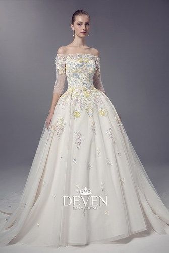 Off-Shoulder Colored Lace Applique Ball Gown Wedding Gown