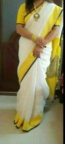 Handloom Yellow And White Linen Saree