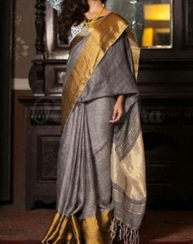 Bhagalpuri Plain Linen Saree With Golden Zari Border