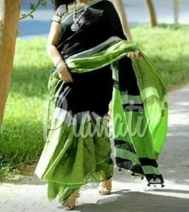 Black And Green Linen Saree With Zari Border