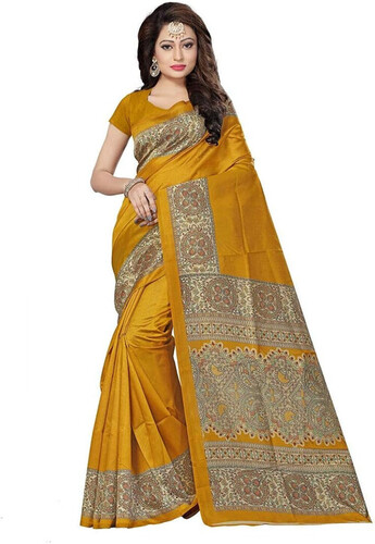 Designer Party Wear Kalamkari Mysore Silk Saree - Color: Mustard
