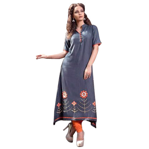 Washable Psyna Knee Length Plain Kurti With Thread Work