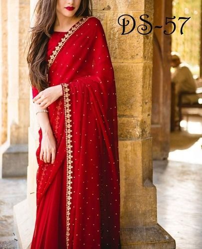 Red Ladies Pearl Georgette Saree