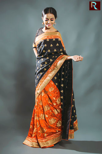 APNISHA Orange & Black Printed Saree With Unstitched Blouse