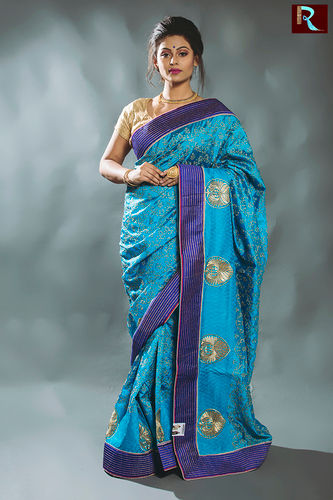 Sky Blue Designer Saree With Zari Thread Work