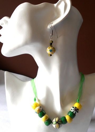 Yellow-Green Round Ceramic Beads Fancy Necklace Set Dangle Earrings