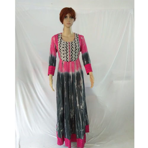 Cotton Tie And Dye Floor Length Kurti With Embroidery Work