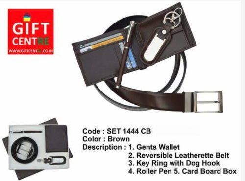 Gents Pure Leather Wallet - Brown Color, Includes Reversible Leatherette Belt, Key Ring with Dog Hook, Roller Pen, Card Board Box