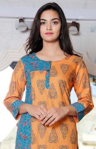 Ladies Kurti Rayon Multicolor Floral Print Orange Straight Women'S Kurta