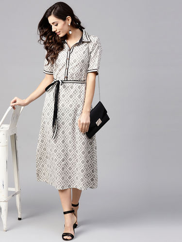 Women Off-White and Black Printed Midi Shirt Dress