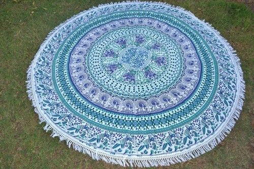 Green (Shades) Cotton Fabric Indian Round Mandala Animal Print Towel Roundie