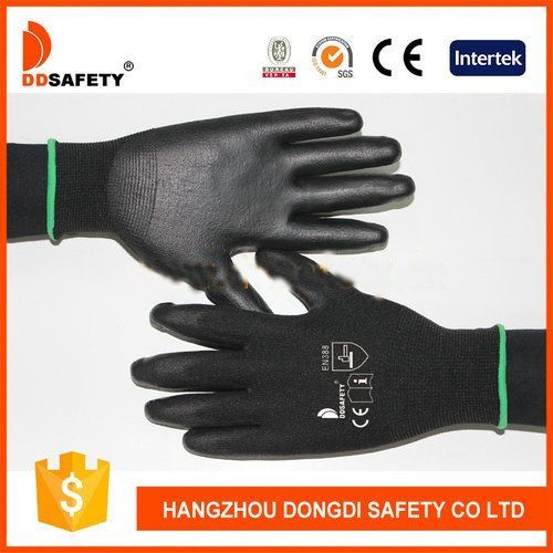 DDSAFETY Black Nylon Coated Grey Pu Work Gloves EN388