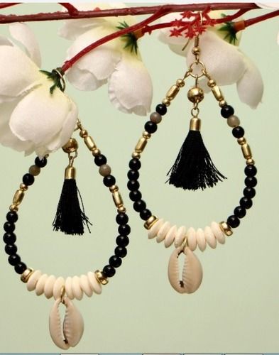 Jet Black And Bright White Handmade Artificial Earrings